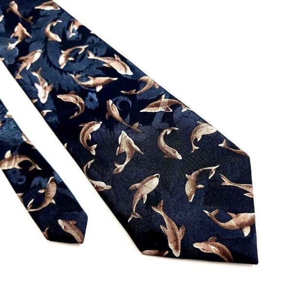 Dino Romaro Dark Green Dolphin Jacquard‎ Print Short Wide Silk Tie - Picture 1 of 6
